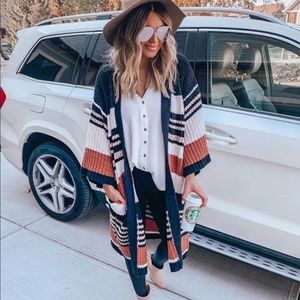 Color block knit stripes open front camel cardigan